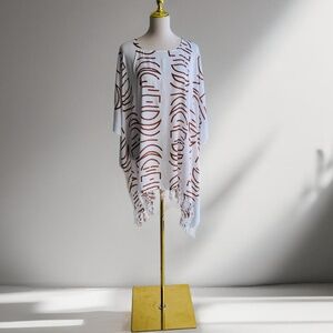 0074/ White Brown Poncho, Swim Cover up, Little Bit See Through